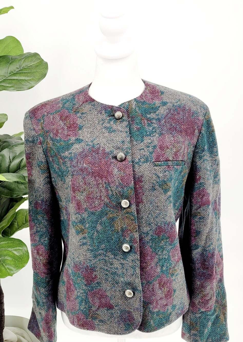 Evan Picone Womens Multicolor Floral Crew Neck Button Front Blazer Jacket 10